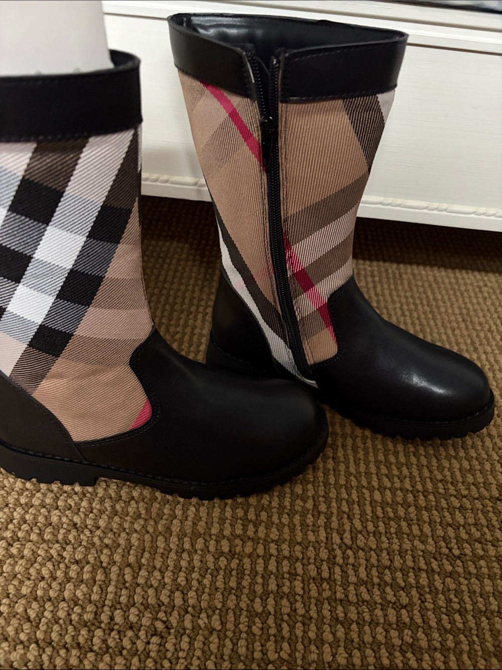 Kids Black and Tan Plaid Rain Boots